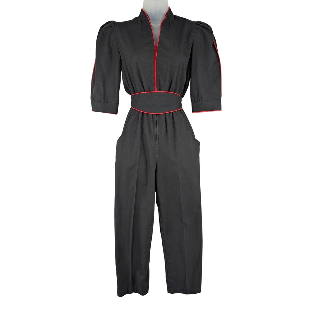 Vintage 80s Black Cotton Jumpsuit Size 7 Red Piping Puff Sleeve Retro Chic